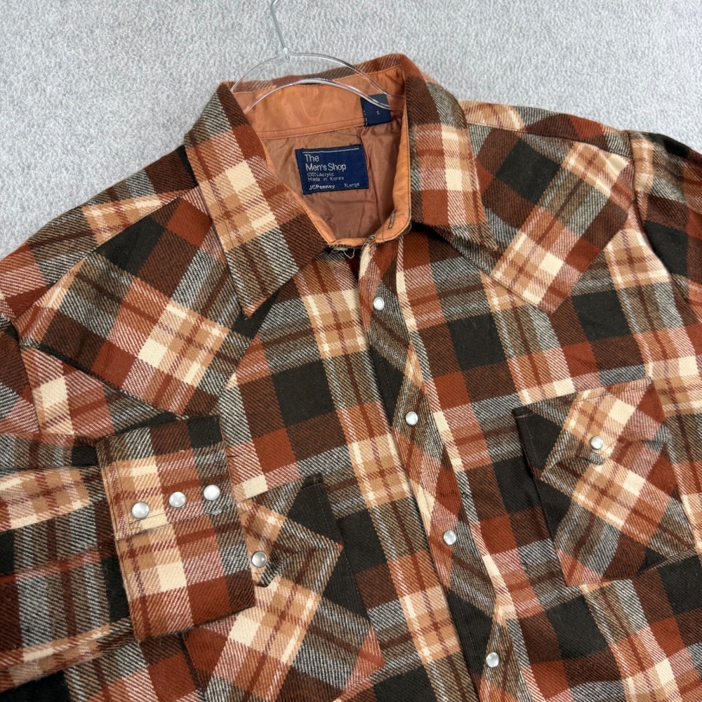 JCPenney 70s 80s Vintage Western Pearl Snap Shirt Mens XL Brown Plaid Flannel